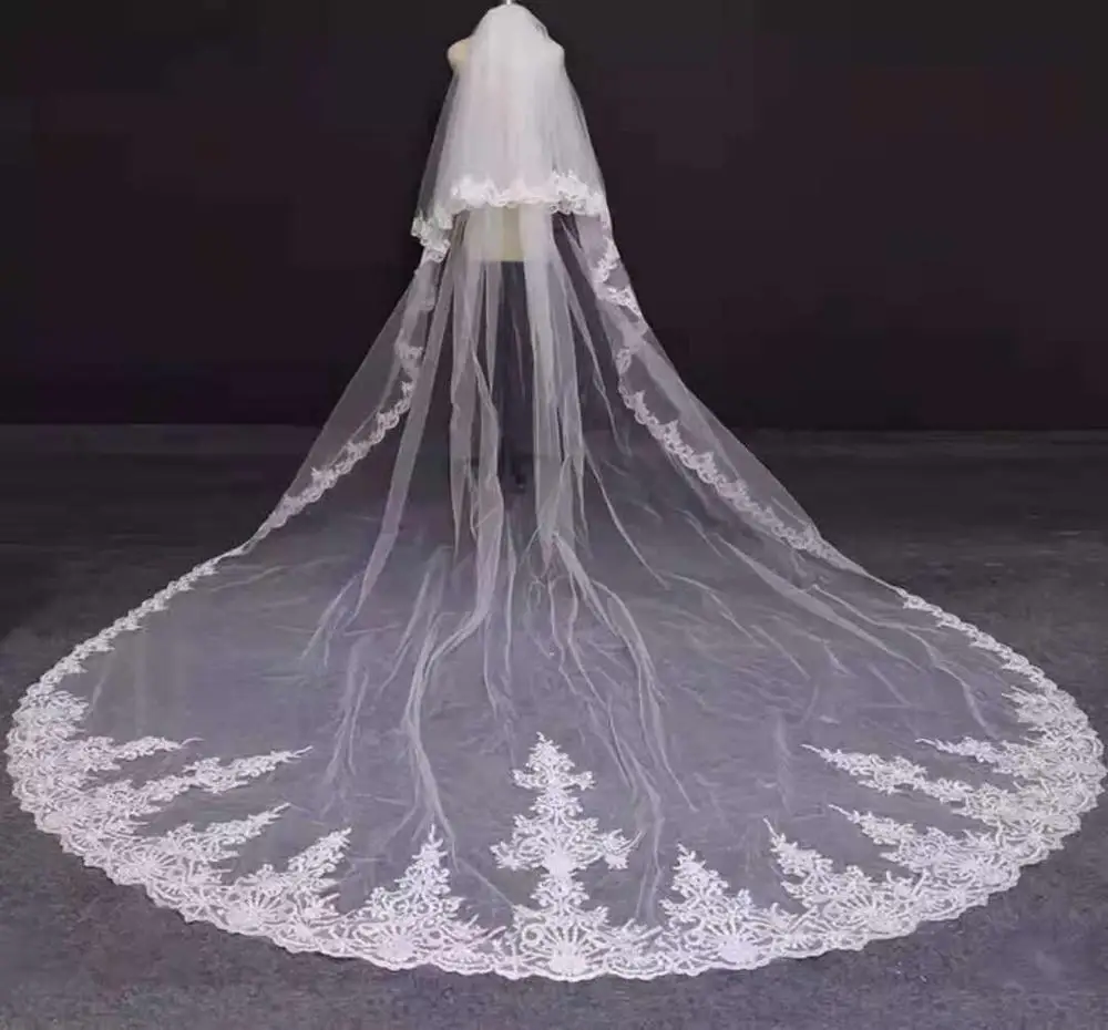 Erosebridal Новое поступление 2019 Соборная 350 см Фата невесты Кружевной Край вуаль