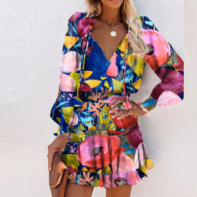 

Elegant Long Sleeve Women Floral Print Dresses Sexy Chest Wrapping Flounced Edge Mini Dress Summer Ladies Slim Beach Wear Dress