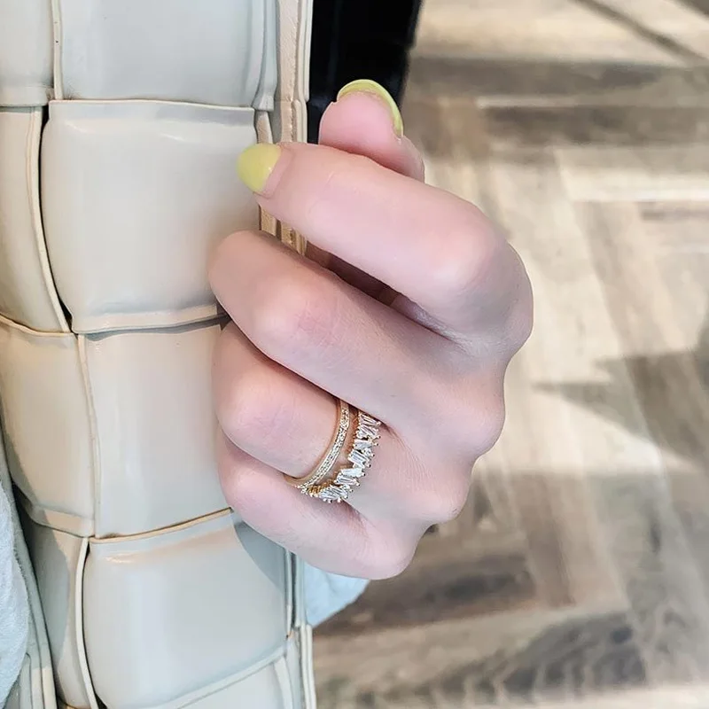 

2021 New Luxury Zircon Design Gold Silver Open Ring For Woman Fashion Korean Jewelry Wedding Party Unusual Finger Ring