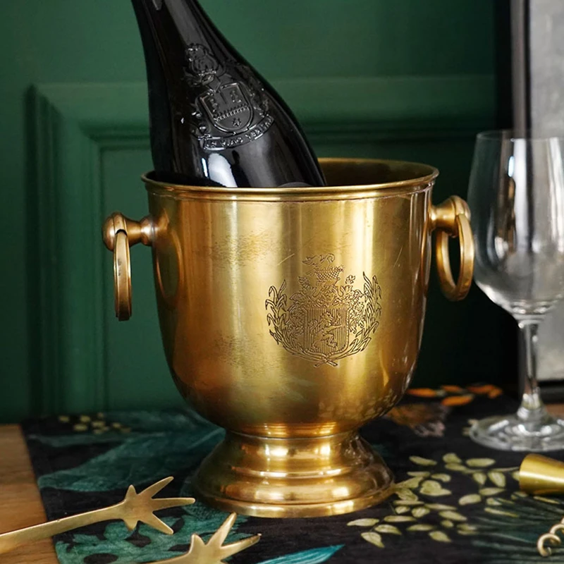

Латунное ведро для льда и вина ручной резьбы, подставка для виски, винный ретро-держатель, Роскошный домашний барный бочонок для вина, медна...