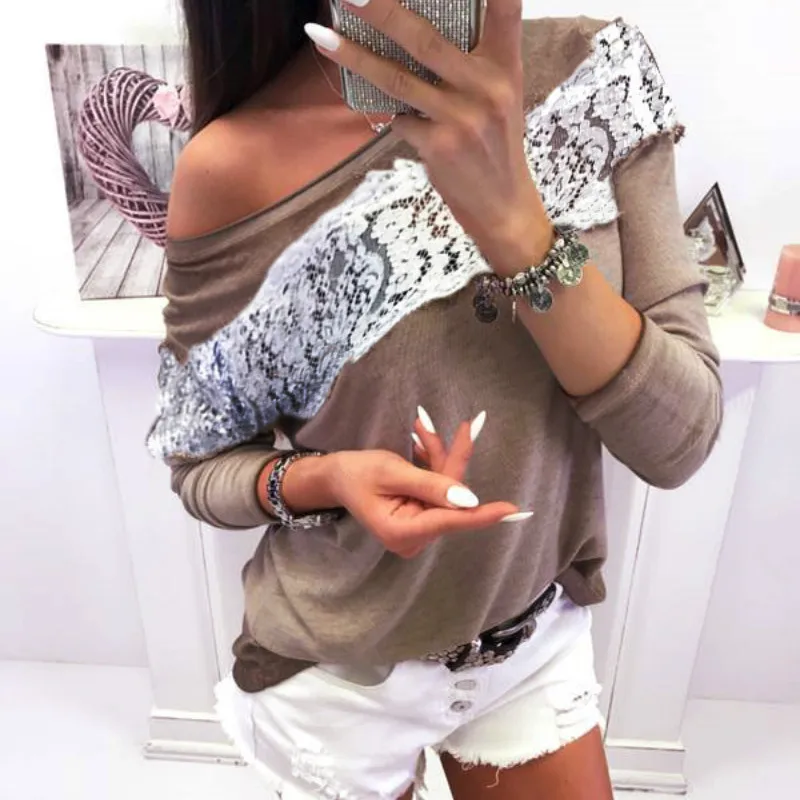 2019 осенняя одежда повседневная кружевная Лоскутная футболка с открытыми плечами