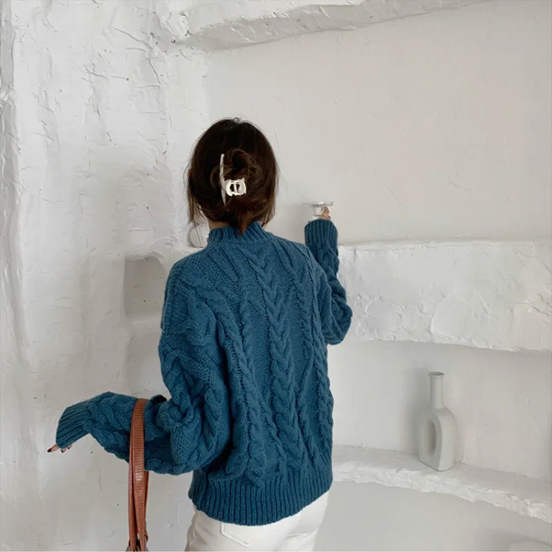 

Tonglord Sweaters for Women's 2020 Autumn Winter New Loose Thicken Hemp Flowers O-Neck Pullovers Solid Knitting Tops Office Lady