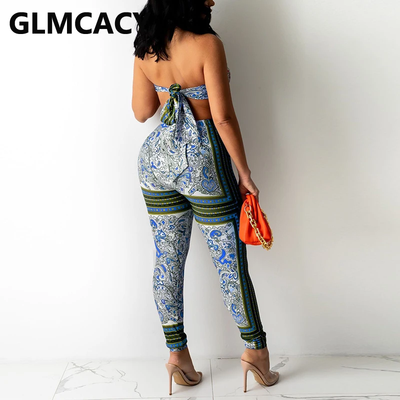

Two Piece Vintage Printed Suits Backless Tube Top & Slim Pants Set