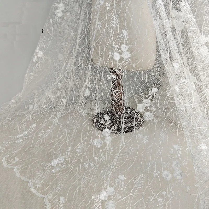 

Hollow lace Beautiful flower Embroidery Lace Fabric Transparent tulle mesh lace Sexy Dress Tops Material DIY wedding Dress 1yar