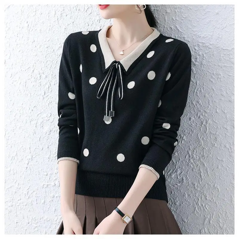 

Black Lapel Neck Cute Dot Spring Pullover Knit Sweater Loose Coat Casual Cloth Girl T-shirt Tops Clothes for Women Lady Clothing