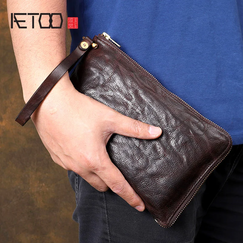 AETOO оригинальный ретро морщинистый короткий клатч на молнии кожаный молнии|clutch