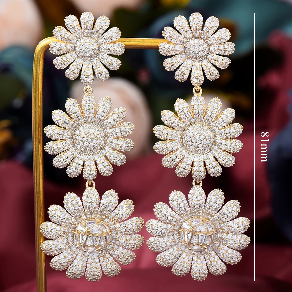 

SORAMOORE Bridal Wedding Luxury Sun Flowers Pendant Drop Earrings Zircon CZ Dubai Bridal Earring Bohemian Hot New High Quality