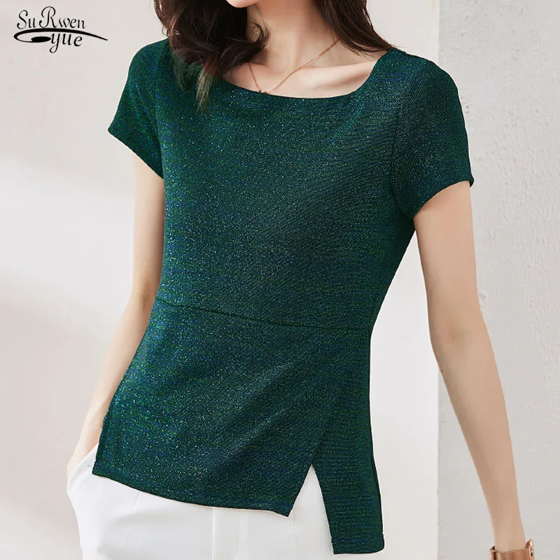 

Blusas Women Tops Blouse Short Sleeve O-neck Shirt Women 2021 Casual Korean Solid Knit Fashion Summer Office Lady Clothing 9448