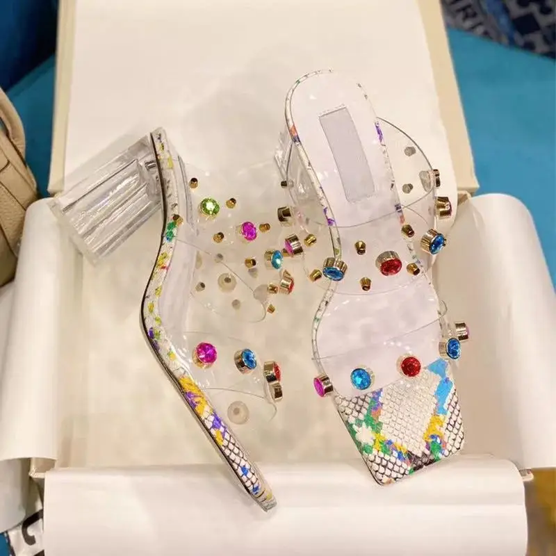 

Summer new style square head crocodile pattern diamond PVC upper TPU crystal square heel slippers sexy ladies dress shoes