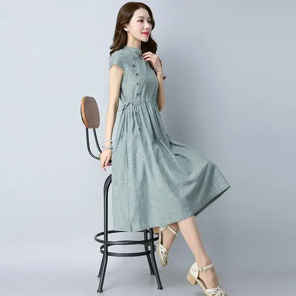 Женское платье в полоску из хлопка и льна большого размера винтажное для девочек