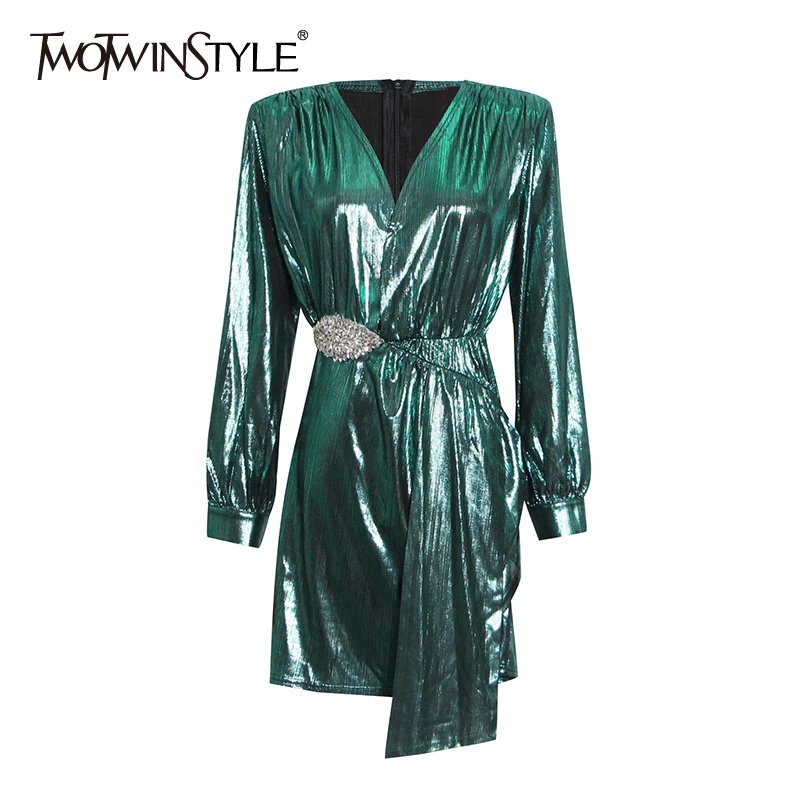 

Женское платье с высокой талией TWOTWINSTYLE, зеленое мини-платье с v-образным вырезом и длинным рукавом, 2021