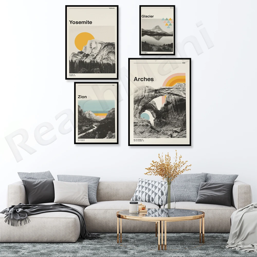 Винтажные дорожные постеры Zion Yosemite арки адиая национальный парк ледника