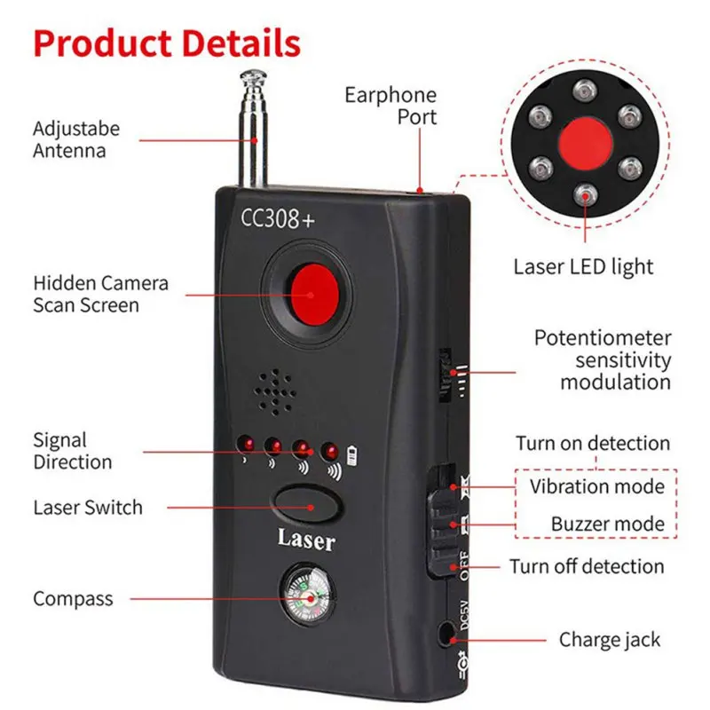 

Multi-Function Wireless Camera Lens Signal Detector CC308+ Radio Wave Signal Detect Camera Full-range WiFi RF GSM Device Finder