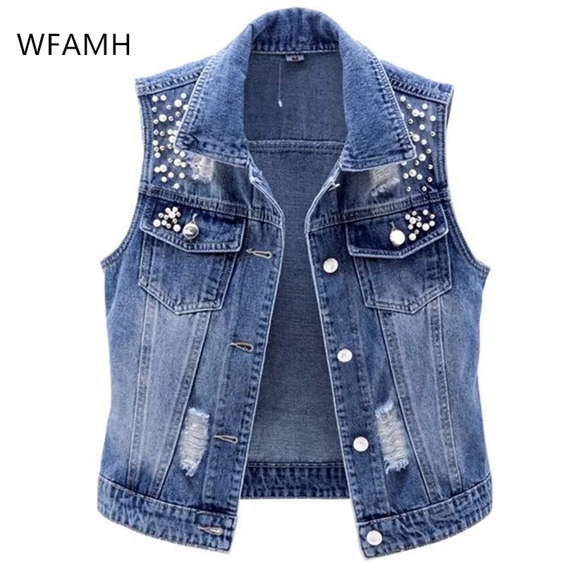 

2021 Spring New Denim Vest Women's Short Washable Hole Beaded Sleeveless Jacket All-match Slim Top Trend Cotton Polyester Button