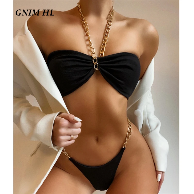 

GNIM Sexy Chain Bikini Set 2021 Summer Bandeau Swimwear Women 2 Pieces Beachwear Brazilian Swimsuit Halter Bather Suit Biquini