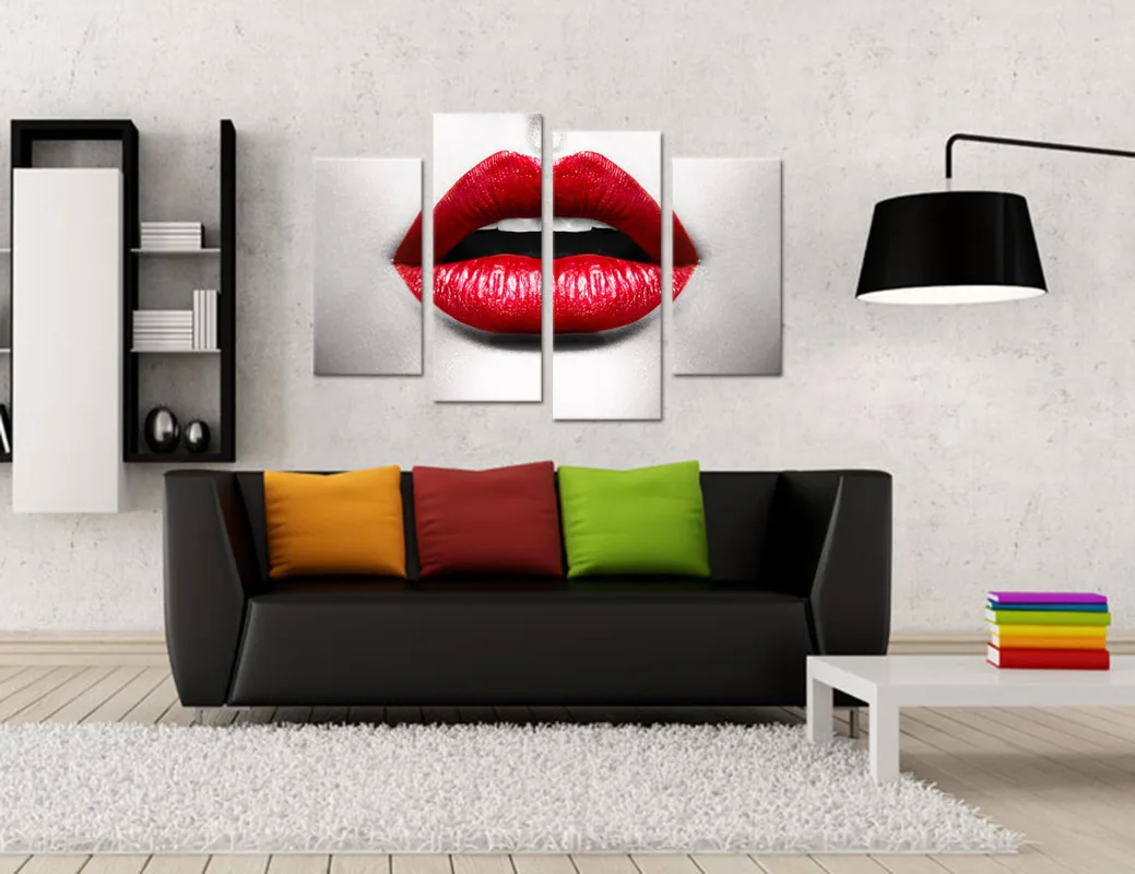 4 панели красные губы холст плакаты и принты для гостиной горячая женщина носит