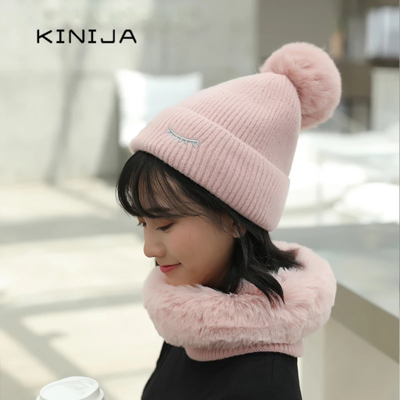 Зимние толстые связан из шерсти помпоны меха шапочка кролик Балаклава осень