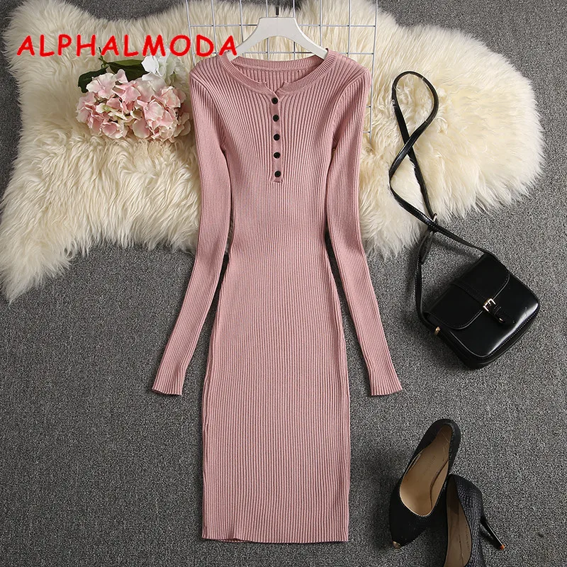 

Женское вязаное платье ALPHALMODA, на пуговицах, с длинными рукавами, эластичное, облегающее, сезонное, для осени, 2019