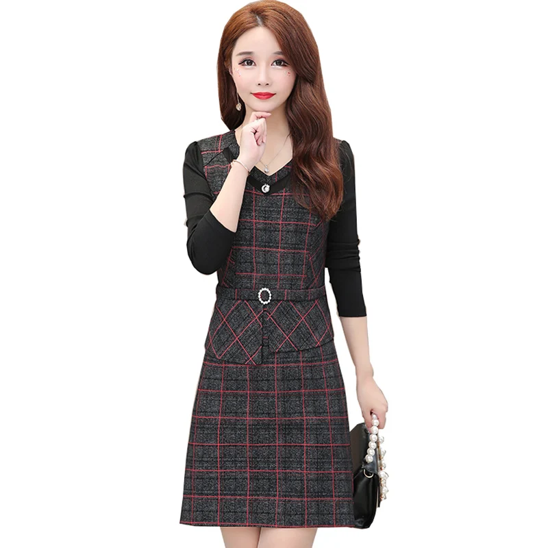 Осенне зимнее платье для женщин новое клетчатое в полоску с V образным вырезом