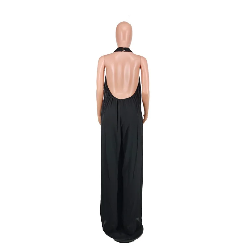 HAOOHU Spring Women Chiffon Halter Backless Jumpsuits Loose Style Long Overalls Elegant Party Club Wide Leg Jumpsuit