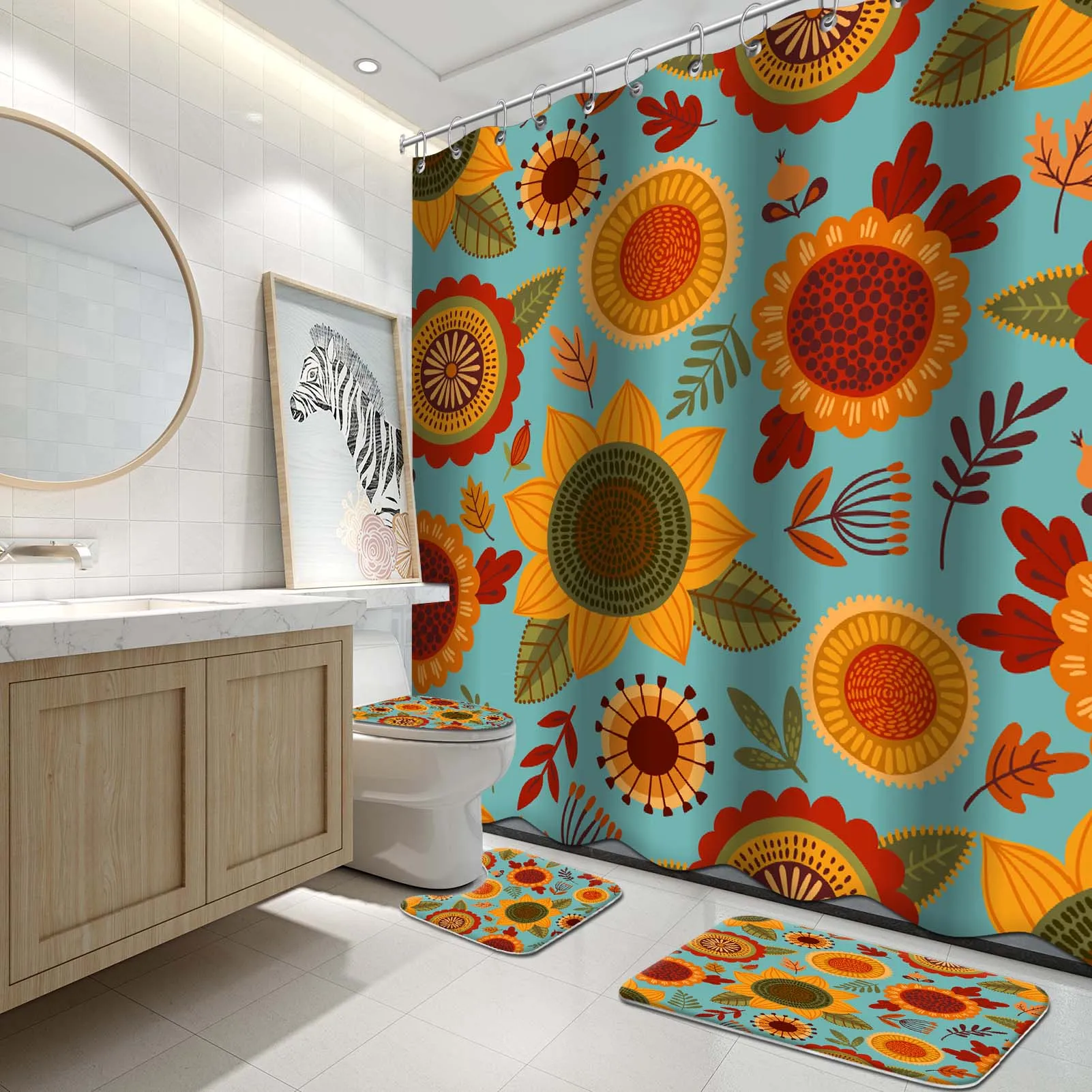 

Fall Shower Curtain Sunflower Abstract Boho Floral Golden Flower Teal Background Autumn Shower Curtain Set Fabric Waterproof