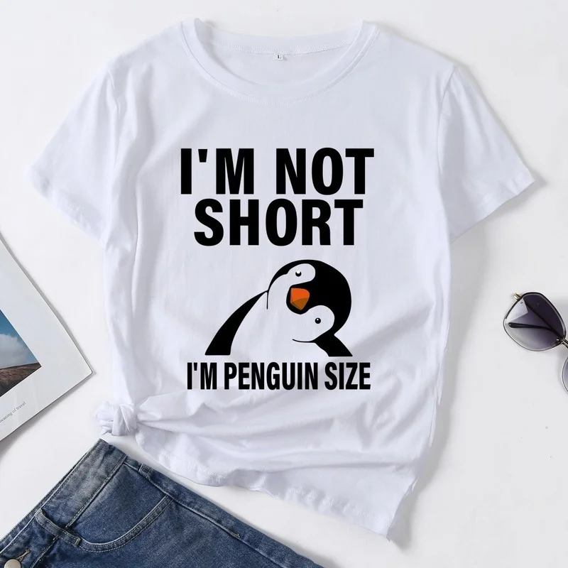 

Summer Women Short Sleeve T Shirt Penguin Letter Print Female Graphic Fashion Kawaii Clothes Ladies Regular Daily O-Neck Tee Top