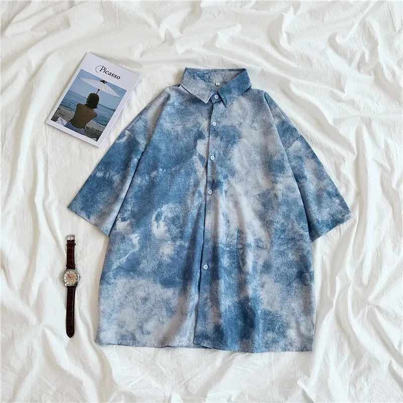 

Deeptown Harajuku Blouse Women Tie Dye Print Tops Button Up Shirt Plus Size Women Summer 2021 Korean Fashion Ladies Clothing New