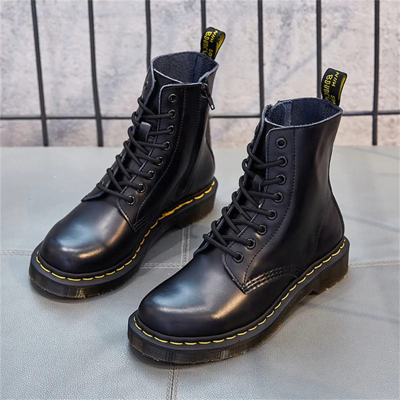 

Men's fashion Leather Zipper boots Flat floor Low heel British Martin boots Women's leather Mid-tube pair Leather boots