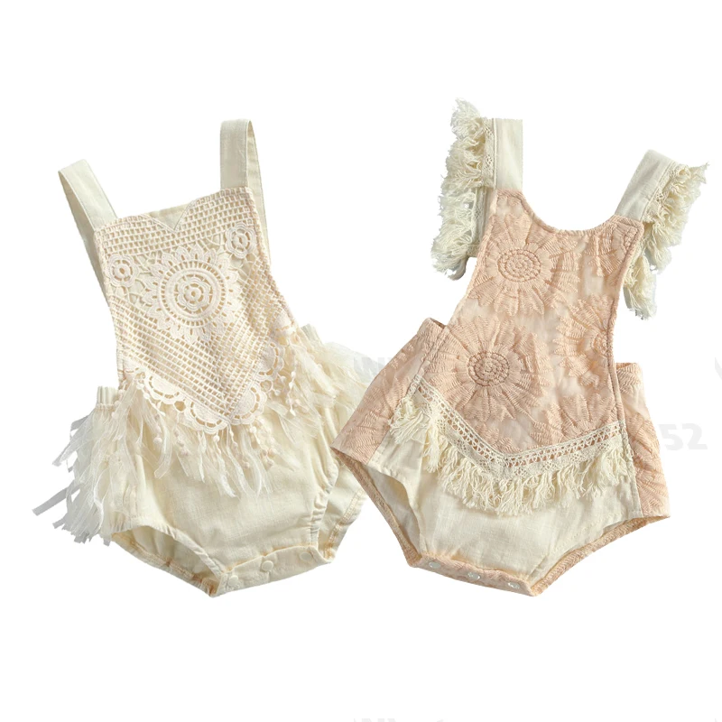 

Для маленьких девочек модные подтяжки комбинезоны милые Однотонная одежда из кружев «кроше» с бахромой; С низким вырезом на спине, на шнуро...