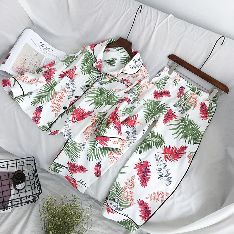 Свежие листья пижамы для женщин 2020 осень стежка пижамный комплект спальный