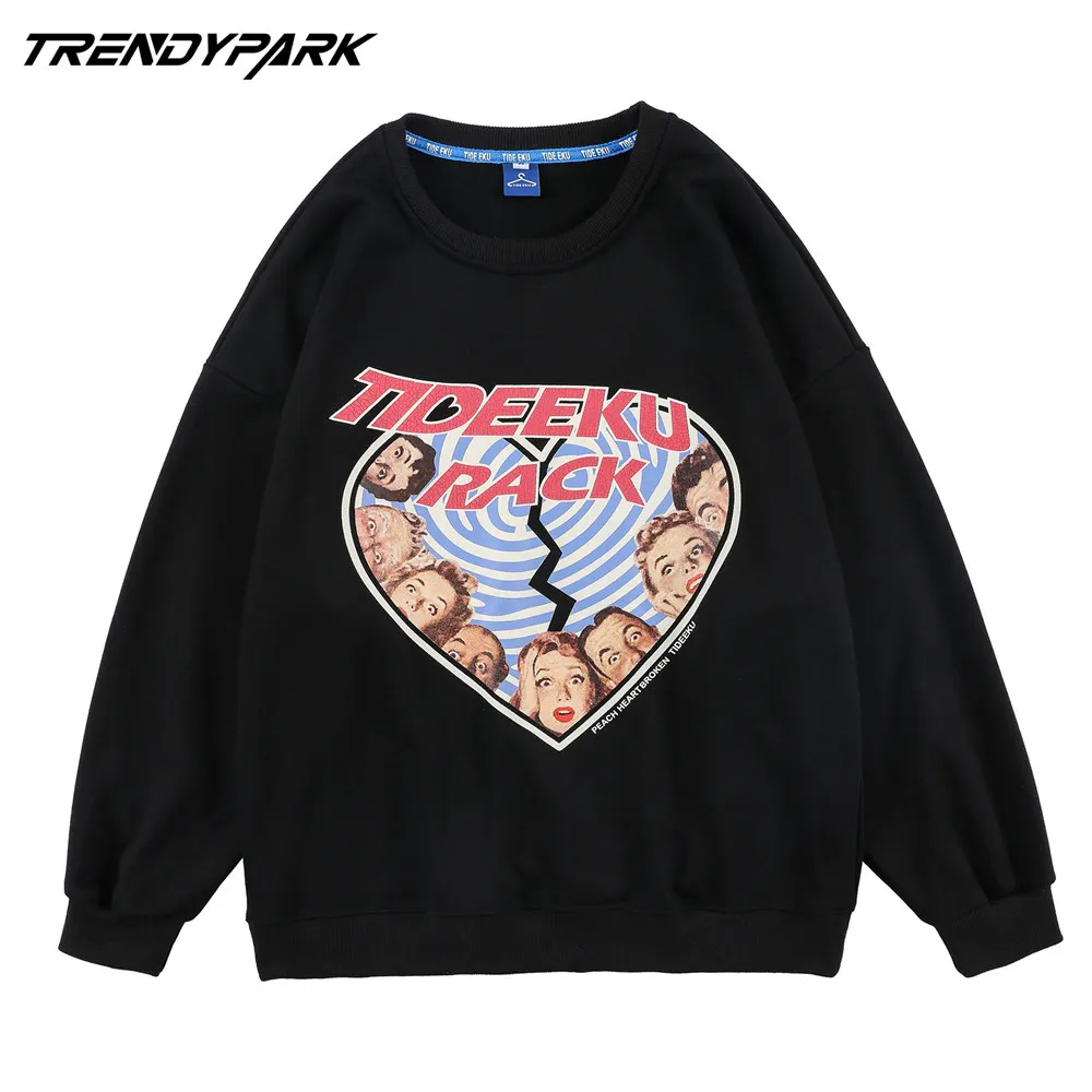 

Men's Sweatshirt Creative Broken Heart Print Cotton Loose Black Hoodie Oversized Hip Hop Streetwear Pullover Men Clothing