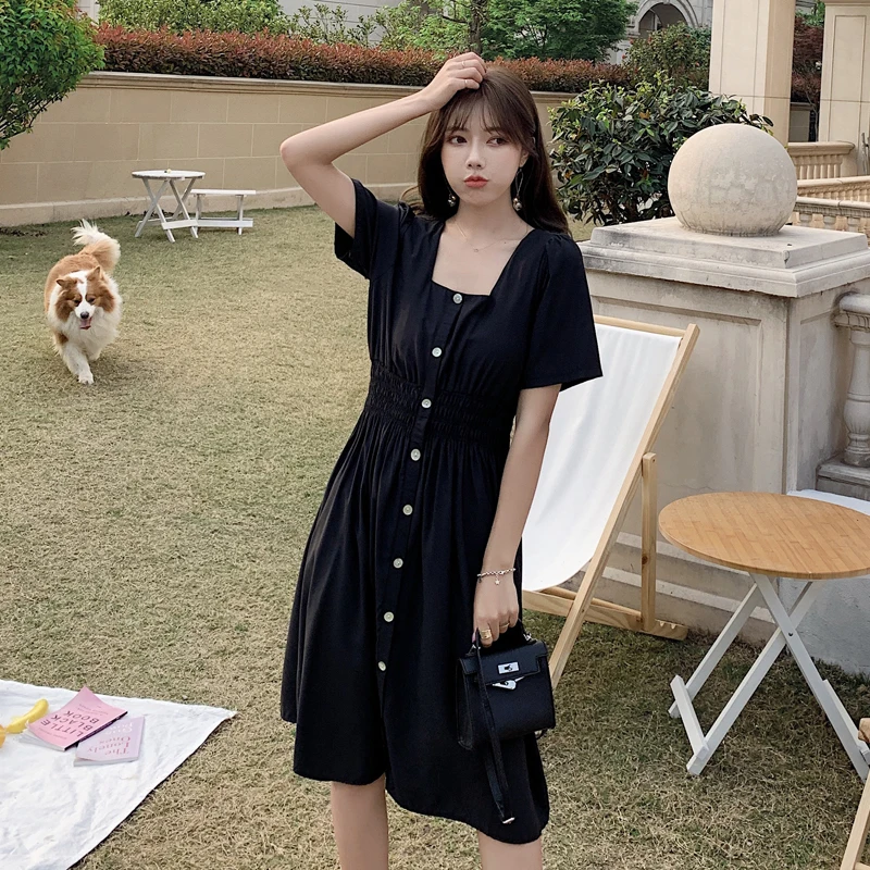 

Women'S Summer Elegant Solid Color Dress Fashion Pleated Square Neck A-Line Dress Female Retro Single-Breasted Female Dress 2021
