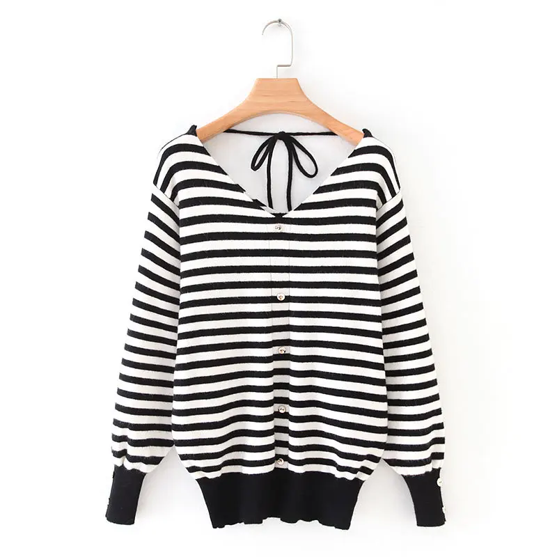 new spring autumn women v neck striped casual slim knitted sweaters ladies long sleeve back lace up thin sweater tops S148 | Женская
