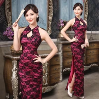 chinese style bridesmaid wedding dresses high slit halter neck long stretch lace long qipao for women
