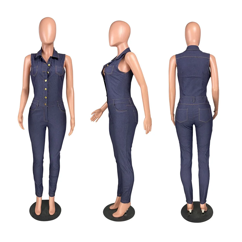 

Newest Solid Sleeveless Button Up Denim Women Jumpsuits Denim Pencil Rompers Elegant One Piece Outfits Playsuit Overall