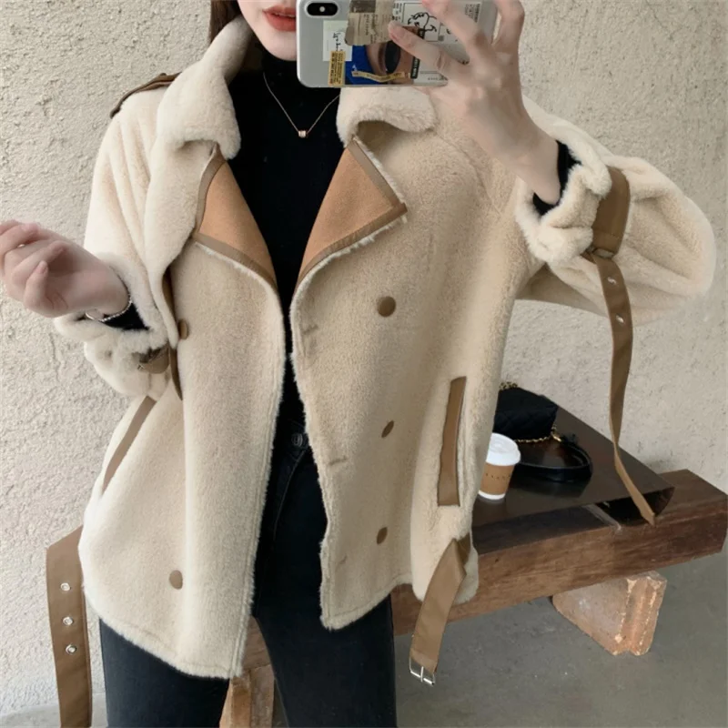 

2020 Japanese Autumn And Winter New Moto& Biker Soft Loose Lapel Collar Double Breasted Fashion Beige Women'S Fur Woolen Coat Fa