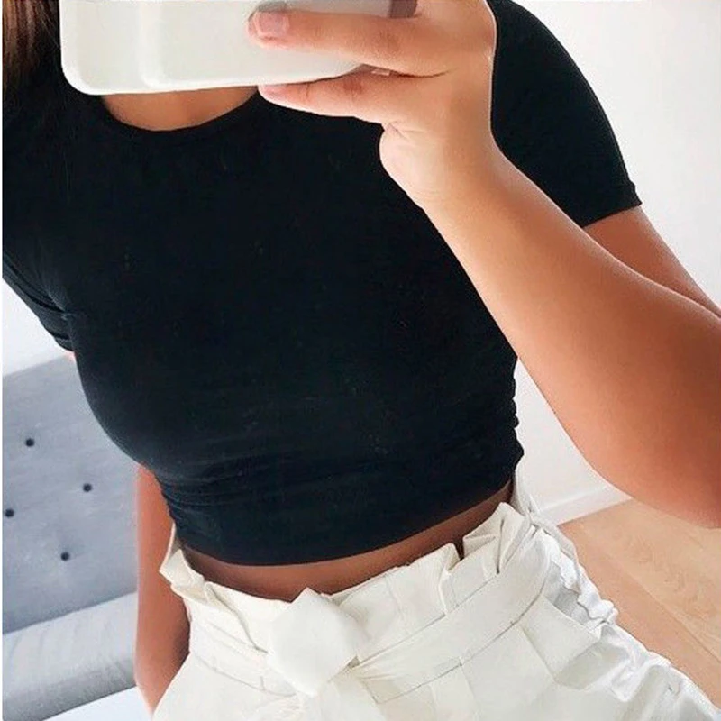 

Summer Cotton Short T Shirts Womens Ladies Short Sleeve Crop Top Party Bodycon Bare Cropped Streetwear Fashion Tops Tee Slim Fit