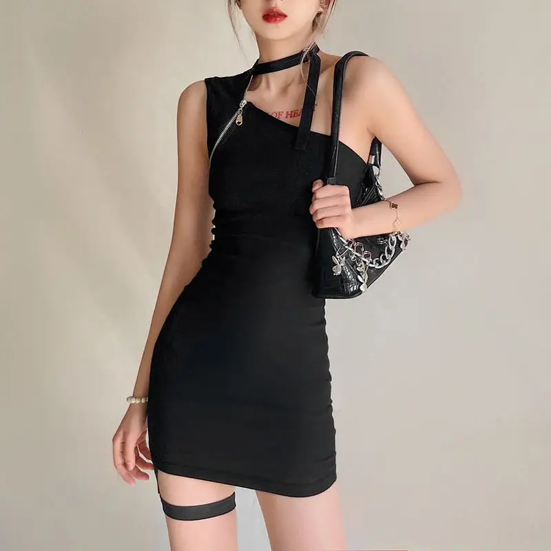 

Street Drag Cool Hot Girl Dress Scheming Hollow Sexy Club Clavicle Pullover Solid Short Skirt Was Thin Waist Small Black Skirt