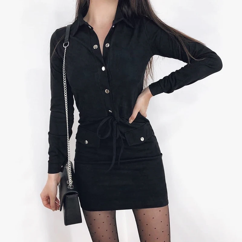 Сексуальное черное однобортное платье с отложным воротником и длинным рукавом