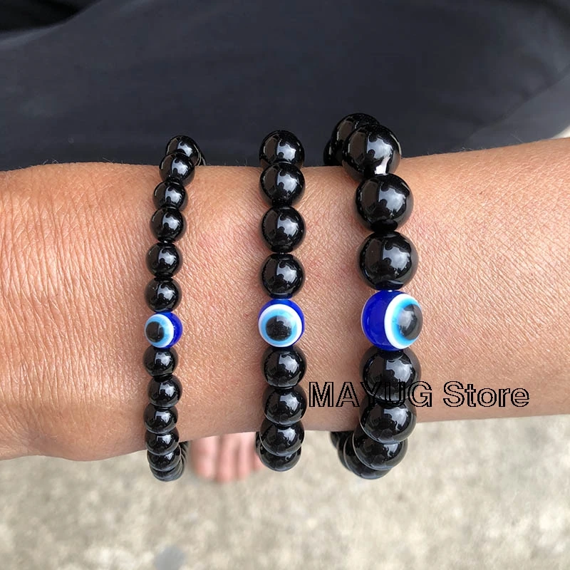 

Lucky Evil Turkish Eye Bracelet Black Natural Stone Beads Obsidian Men Braslet For Women Men Yoga Hand Jewelry Pulseras Homme