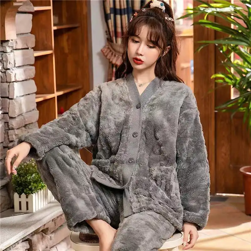 Winter Warm Flannel Pajamas Set Thicken 2 Pieces/Sets Women Sleepwear Long Sleeve Trousers Homewear Coral Fleece Nightwear