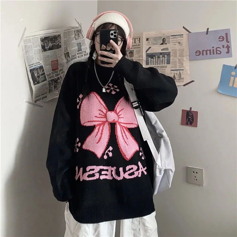 

Korean style street round neck sweater all-match knitted top Harajuku sleeve size sweet and cute bow jacquard loose thick warm