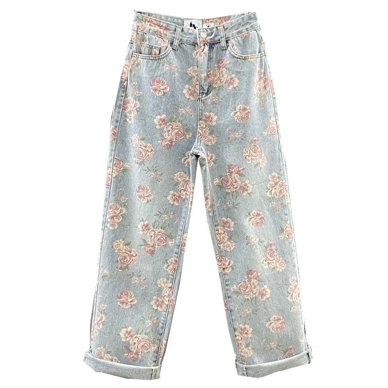 

Floral Jeans Women 2021 New Autumn Clothing Korean Fashion High Waist Retro Flower Loose Wide-Leg Denim Pants Femme