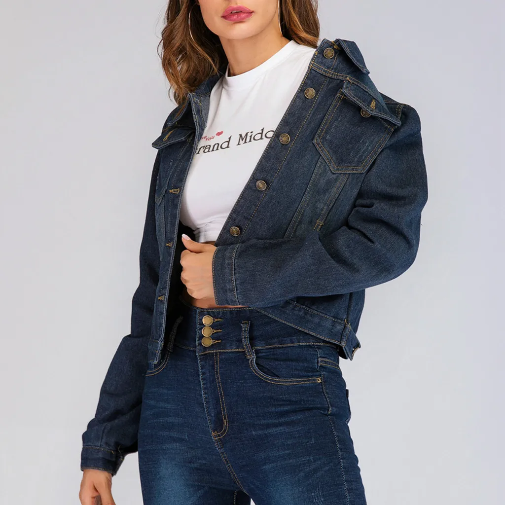 Женская короткая джинсовая куртка Повседневная Свободная с длинным рукавом и