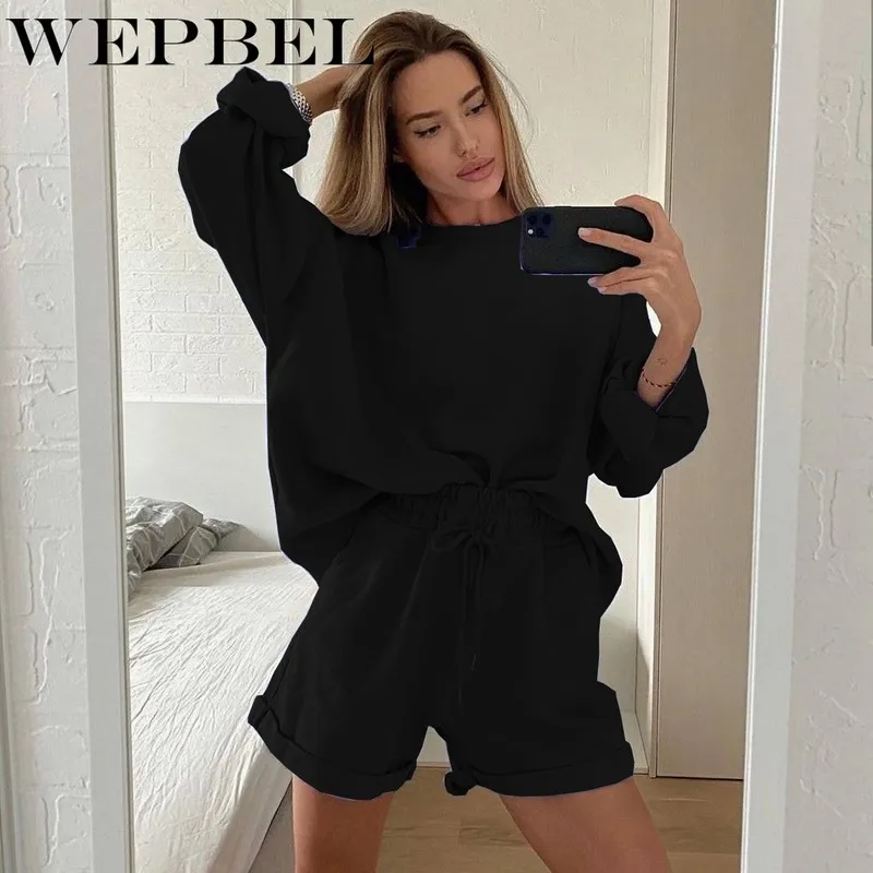 

WEPBEL Autumn Winter Women Tracksuits 2 Piece Set Loose Sweatshirt Top + Drawstring Sporting Shorts Two Piece Set Outfit