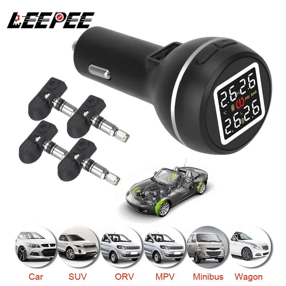 LEEPEE Save Fuel High Temperature Alarm TPMS Cigarette Lighter Type Car Tire Pressure Monitoring System with 4 Internal Sensors |