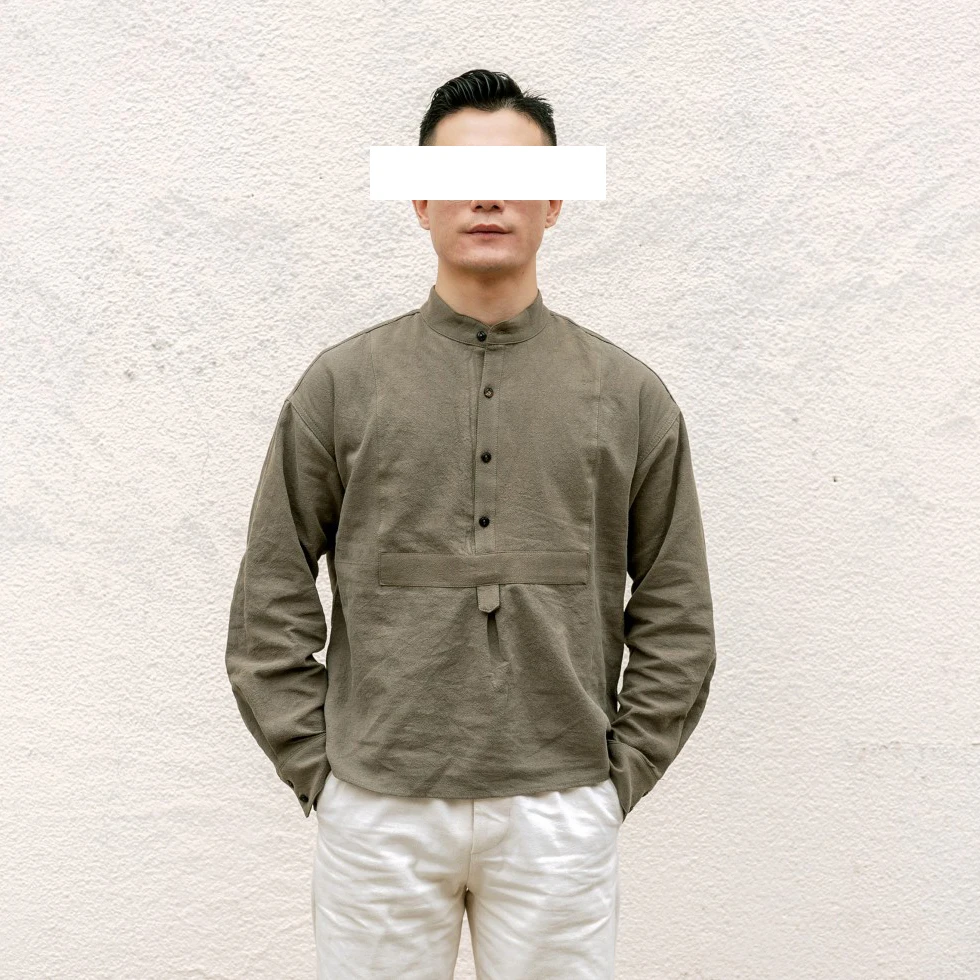 

Cotton & Vintage Linen Crew Neck Pullover Workwear Shirts For Men Drop Shoulder