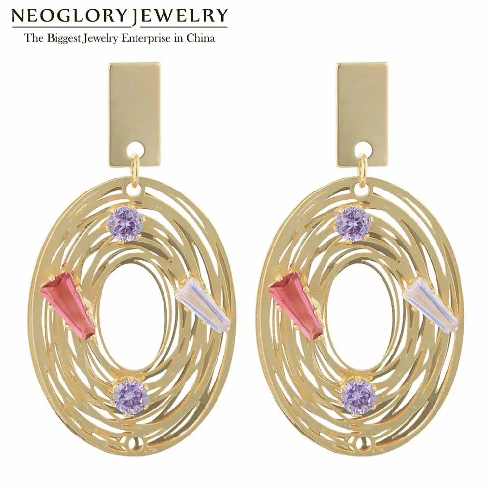 

Neoglory матовые золотые металлические круглые полые Висячие серьги для женщин циркониевые модные овальные Висячие серьги для вечевечерние по...