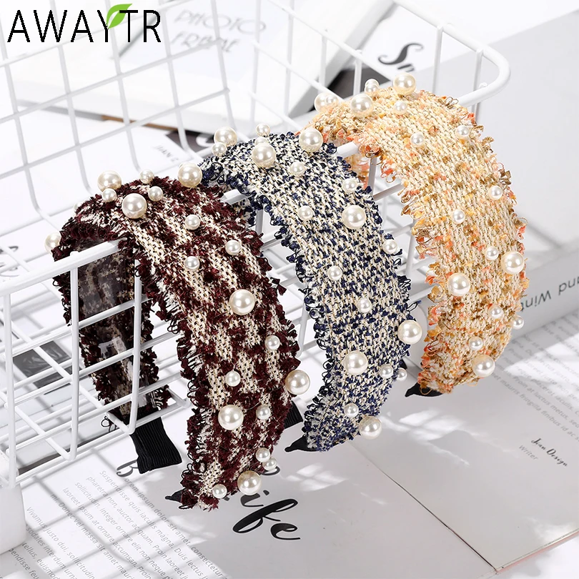 Женский широкий обруч для волос AWAYTR винтажный с жемчужинами в богемном стиле