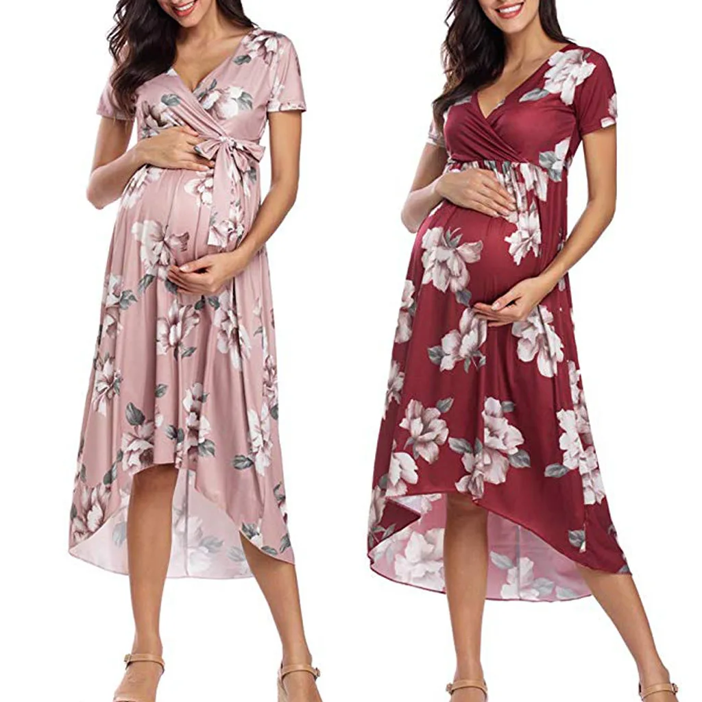 

2022 Large Size Dress V-neck Short Sleeve Belt Printed Pregnant Women Dress Maternity Dresses Pregnant Clothes Women O-neck